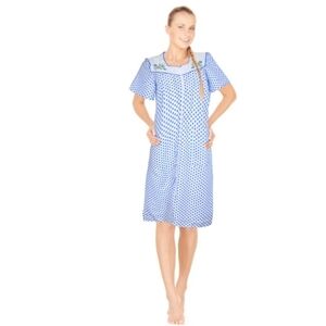 Womens Blue&White Zipper Front HouseDress Short Sleeves Embroidered Housecoat XL